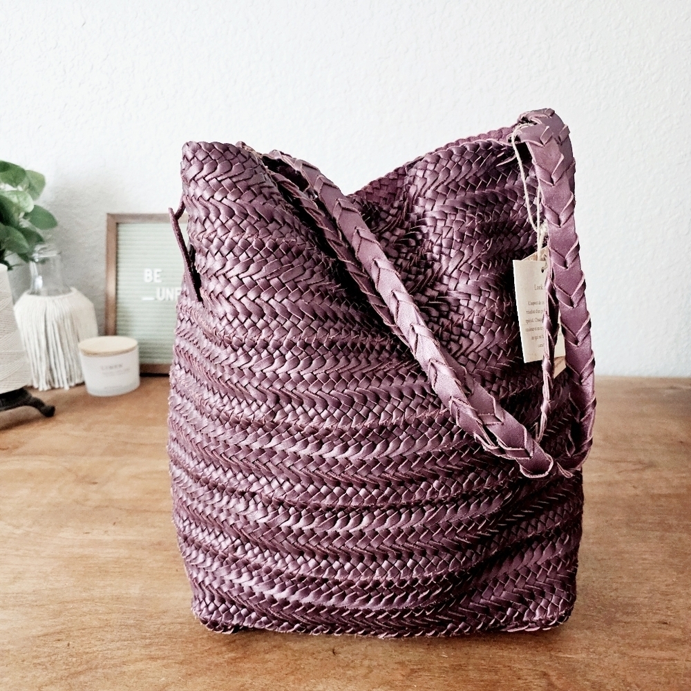 Handcrafted In India Braided Woven Leather Tote Bag Shoulder Purse Purple NWT - Picture 3 of 14